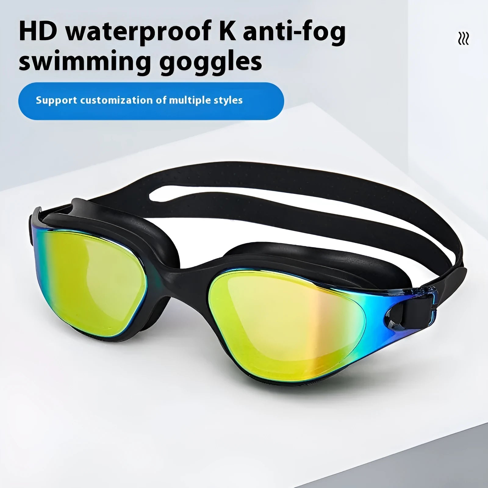 One-piece silicone large frame swimming goggles for adults in black colourful gold colour