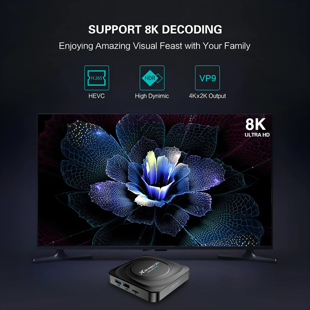 Compact black Android 11 TV box with remote control and HDMI cable on a table