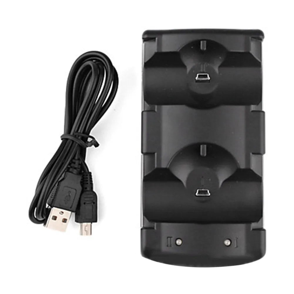 Black PS3 dual controller charging dock with two wireless controllers placed on it.