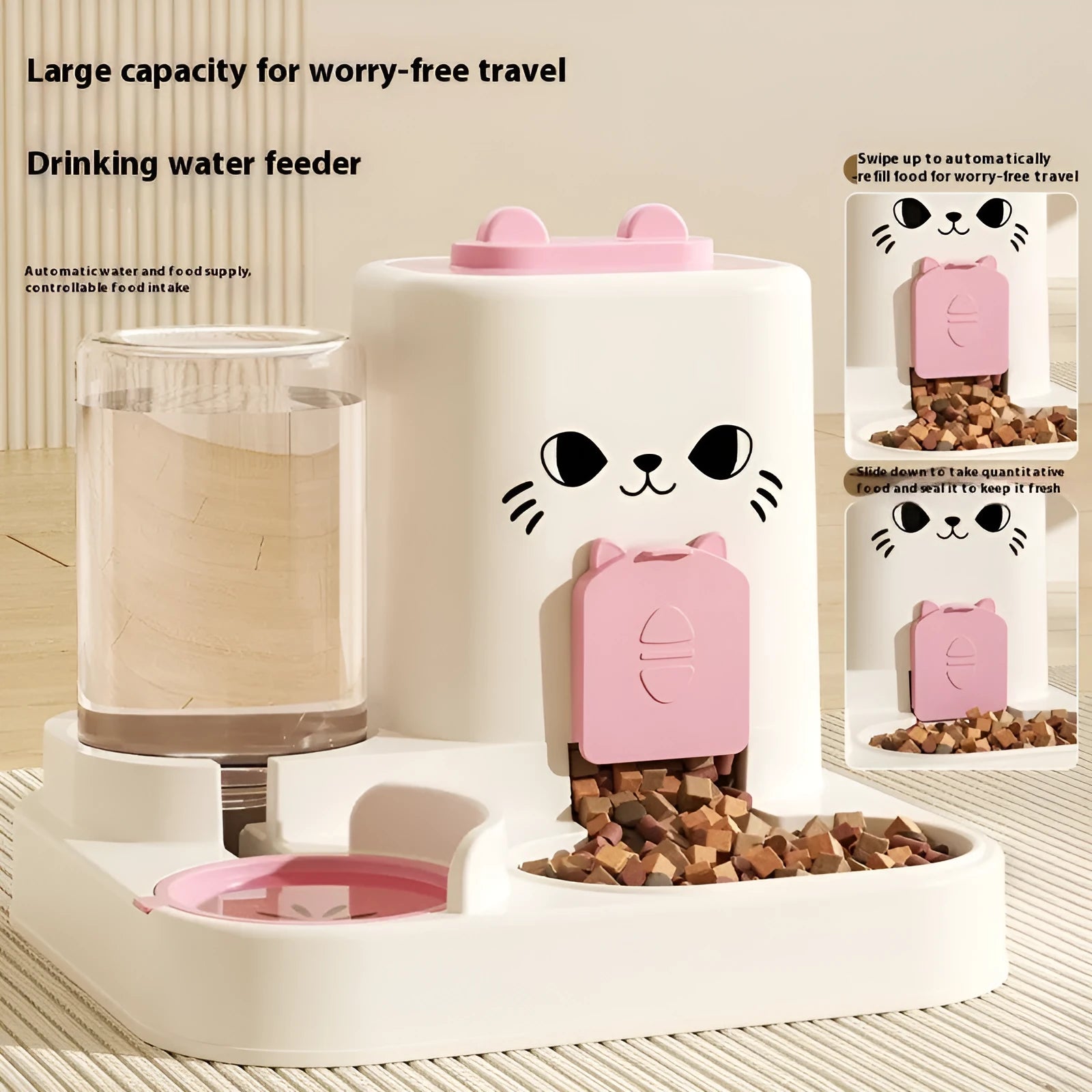 PP plastic cat feeder with integrated water and grain compartments in gray cat face design