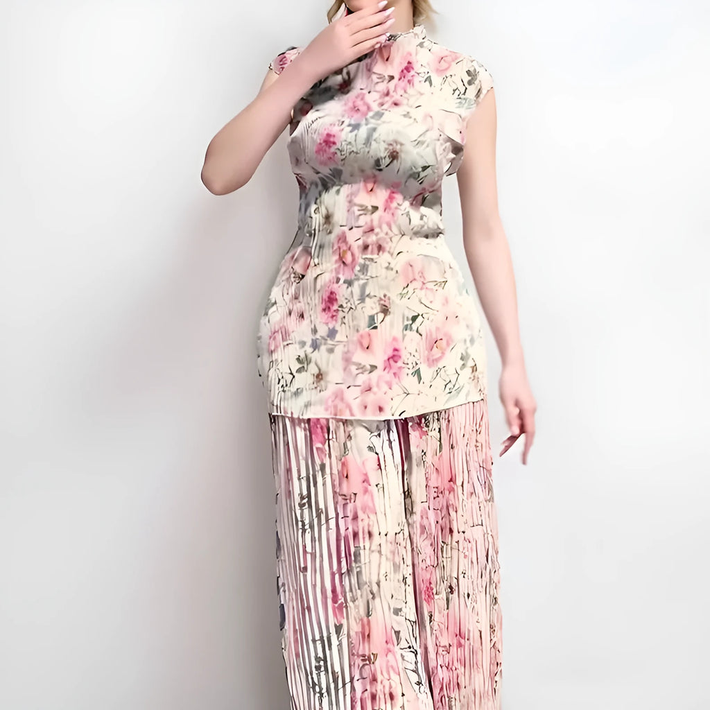 Long sleeve printed chiffon dress with high waist design shown in pictured colours