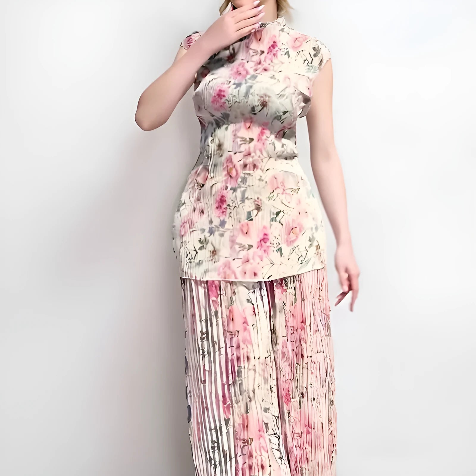 Long sleeve printed chiffon dress with high waist design shown in pictured colours