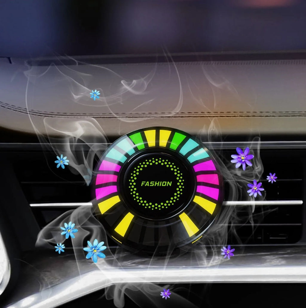 RGB car atmosphere light mounted in car air vent with voice control and aromatherapy functions