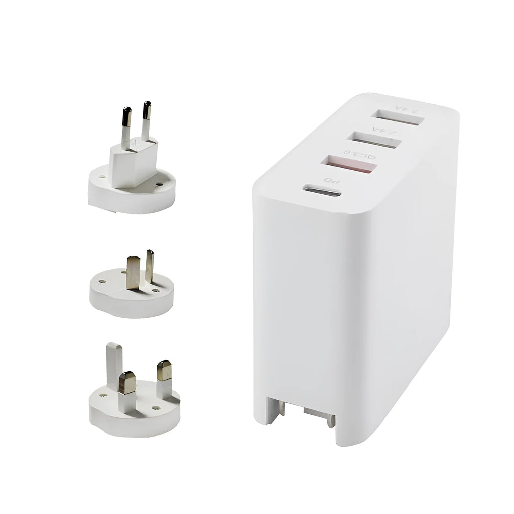 48W USB-C wall charger with four ports in black or white with international plug options