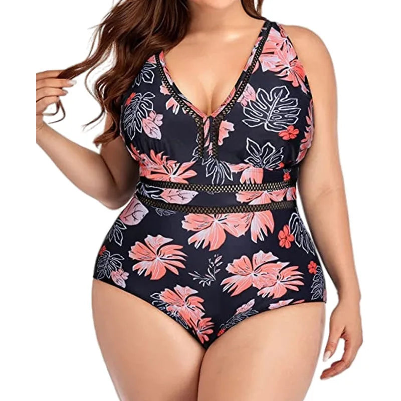 Black plus-size women's bikini swimsuit with mesh fabric stitching and floral print pattern