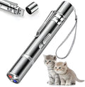 Silver aluminium alloy cat toy pointer with USB charging and multiple light patterns for indoor play