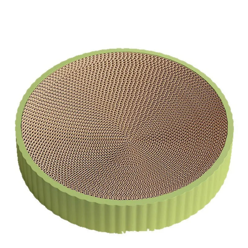 Round green cat scratching board with corrugated paper surface and two replacement packs