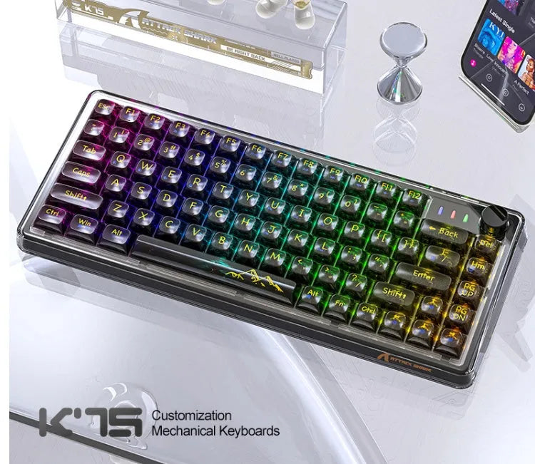 Attack Shark K75RGB wireless mechanical keyboard with transparent black case showing RGB backlighting and 75% layout