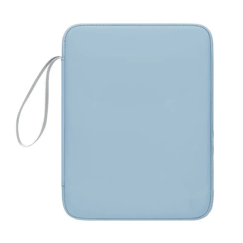 Imitation leather tablet protective case with fabric lining and a handle in light grey colour