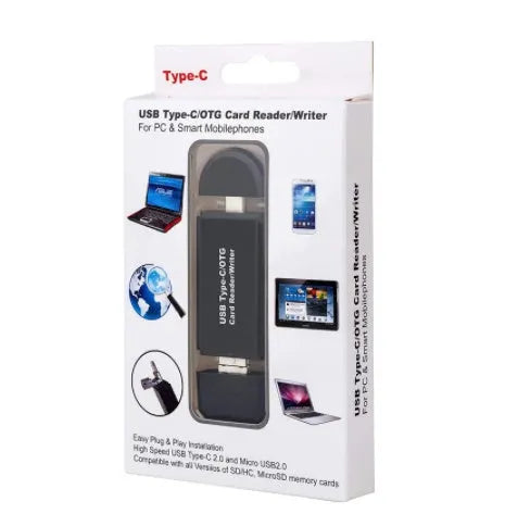 Black USB 3.0 memory card reader for SD and TF cards with a Type-C connector