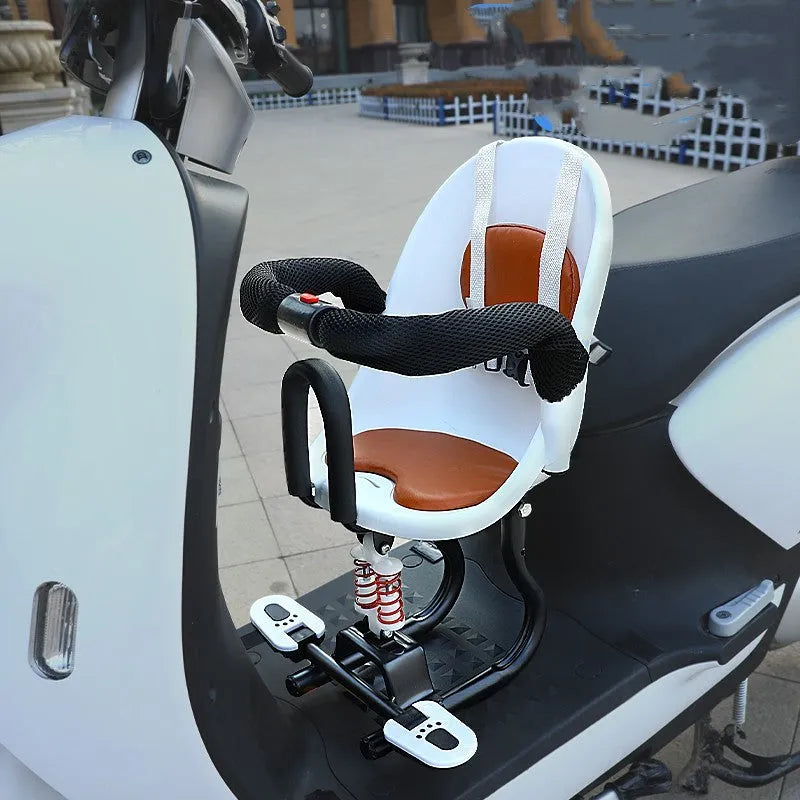 Front-mounted high carbon steel child seat for an electric scooter, shown in red colour.