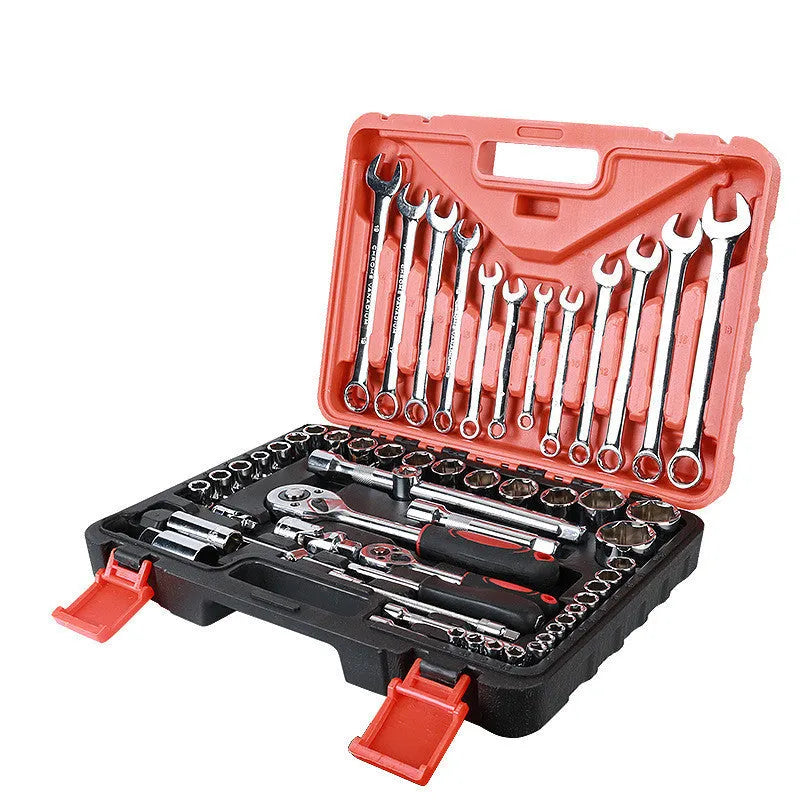 61-piece chrome vanadium steel socket wrench set with metric sockets, ratchets, and extensions on a tray.