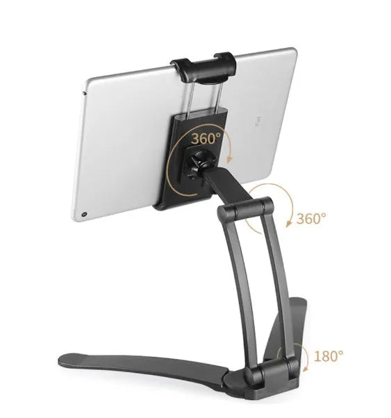 Silver aluminum alloy adjustable tablet stand holding a tablet with 360-degree rotation capability