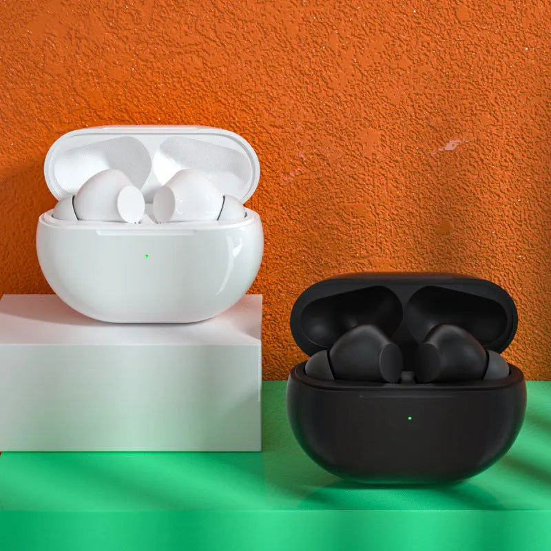 Black and white Pro4 Bluetooth wireless earbuds with a compact charging case.