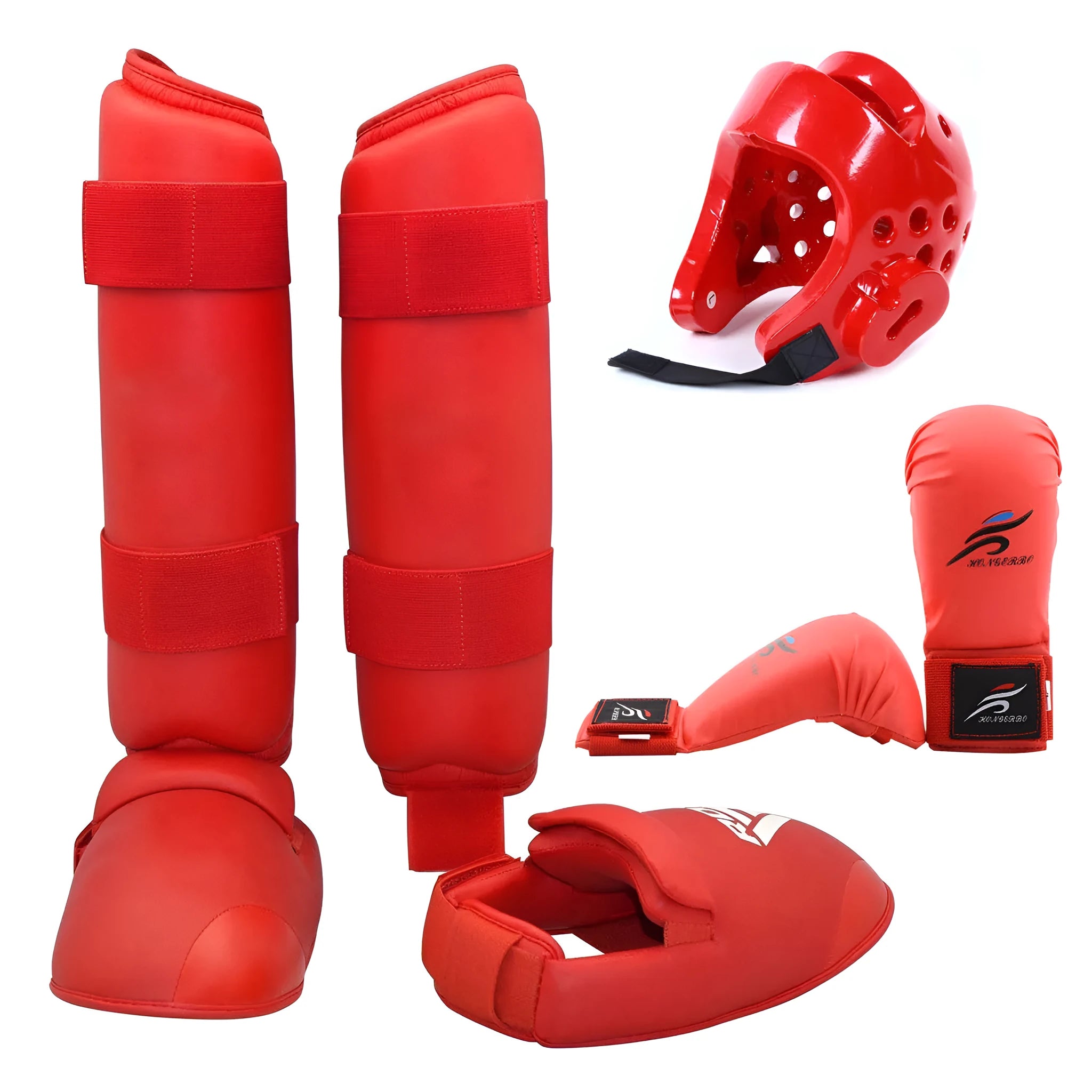 Red karate taekwondo protective gear set with leg guard, helmet and boxing gloves on white background
