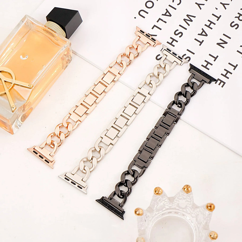 Denim chain design metal Apple Watch strap in multiple colour options showing lug connection