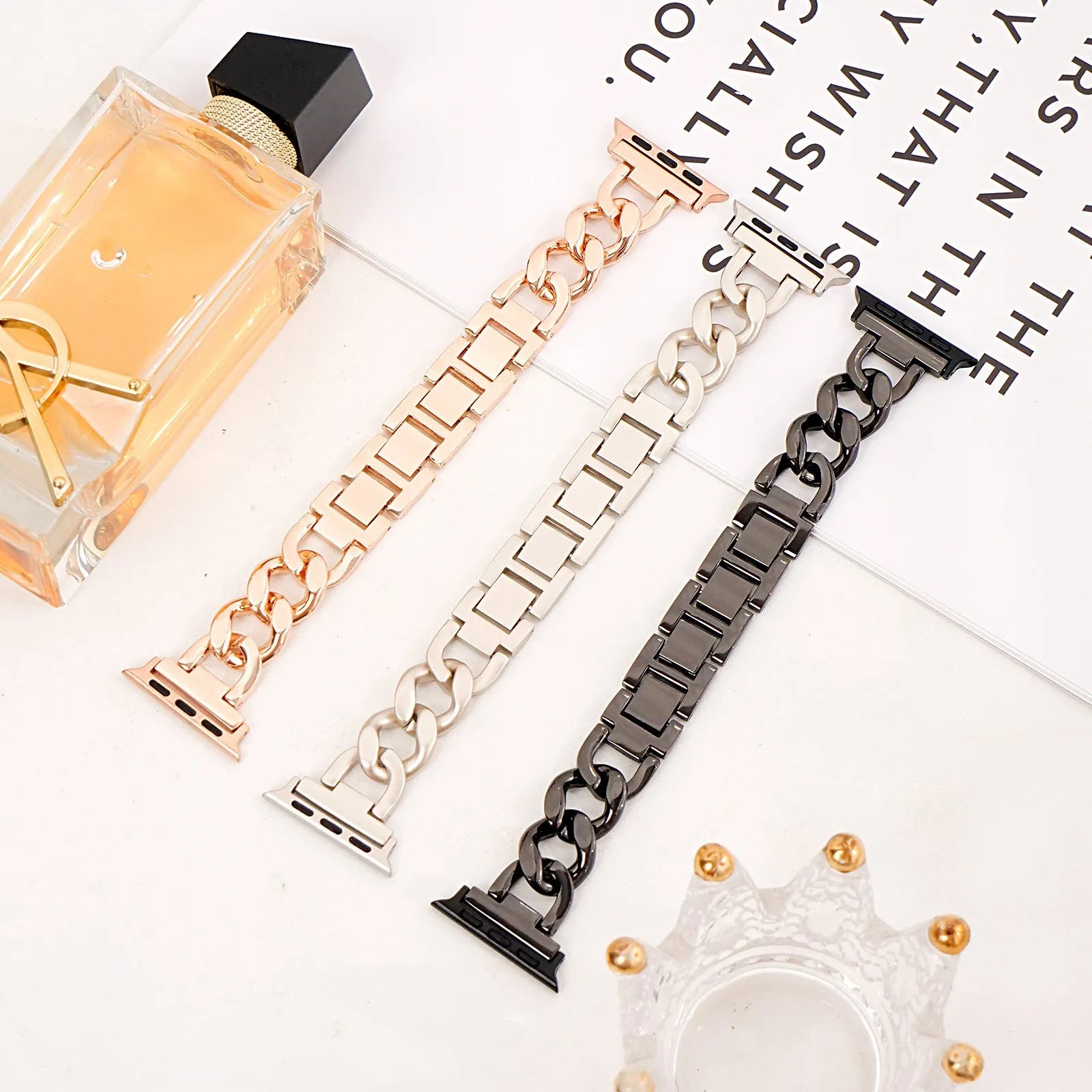 Denim chain design metal Apple Watch strap in multiple colour options showing lug connection