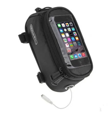 ROSWHEEL PVC bicycle frame bag for iPhone mounted on a bike frame, shown in red colour.