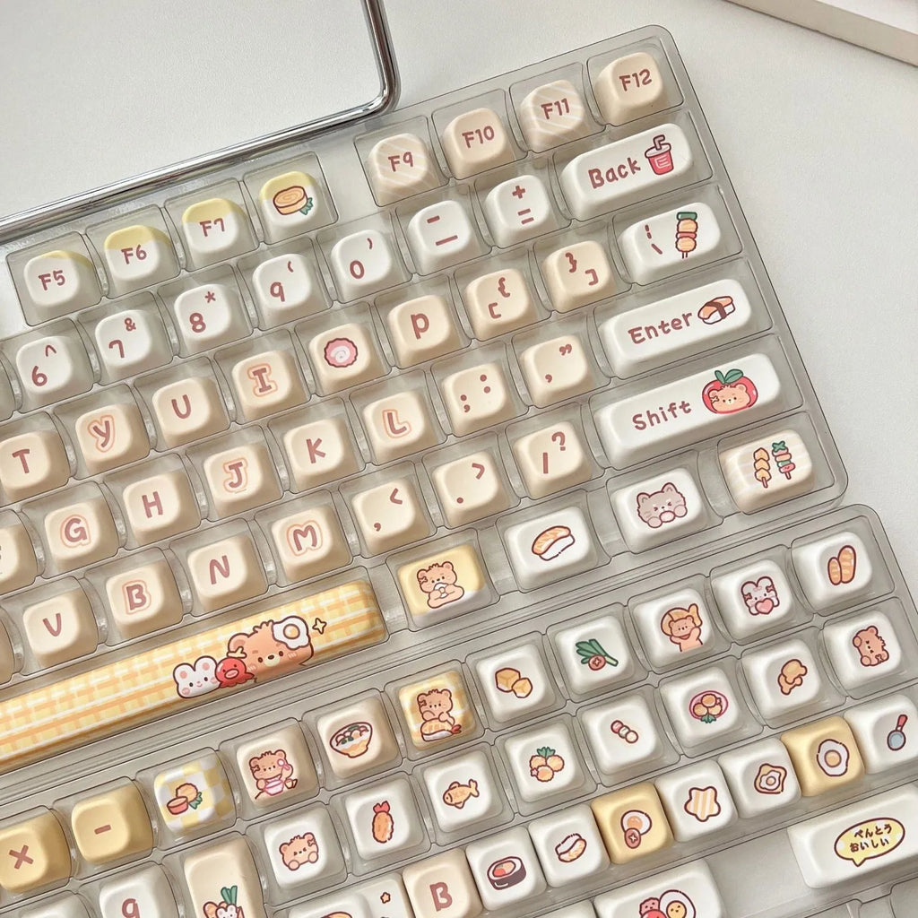 Rabbit Bear Restaurant themed mechanical keyboard keycap set showing 140 PBT plastic keycaps with colourful designs.