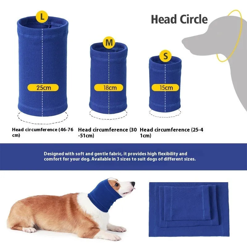 Blue or grey polyester dog comforter headband scarf shown in small, medium, and large sizes