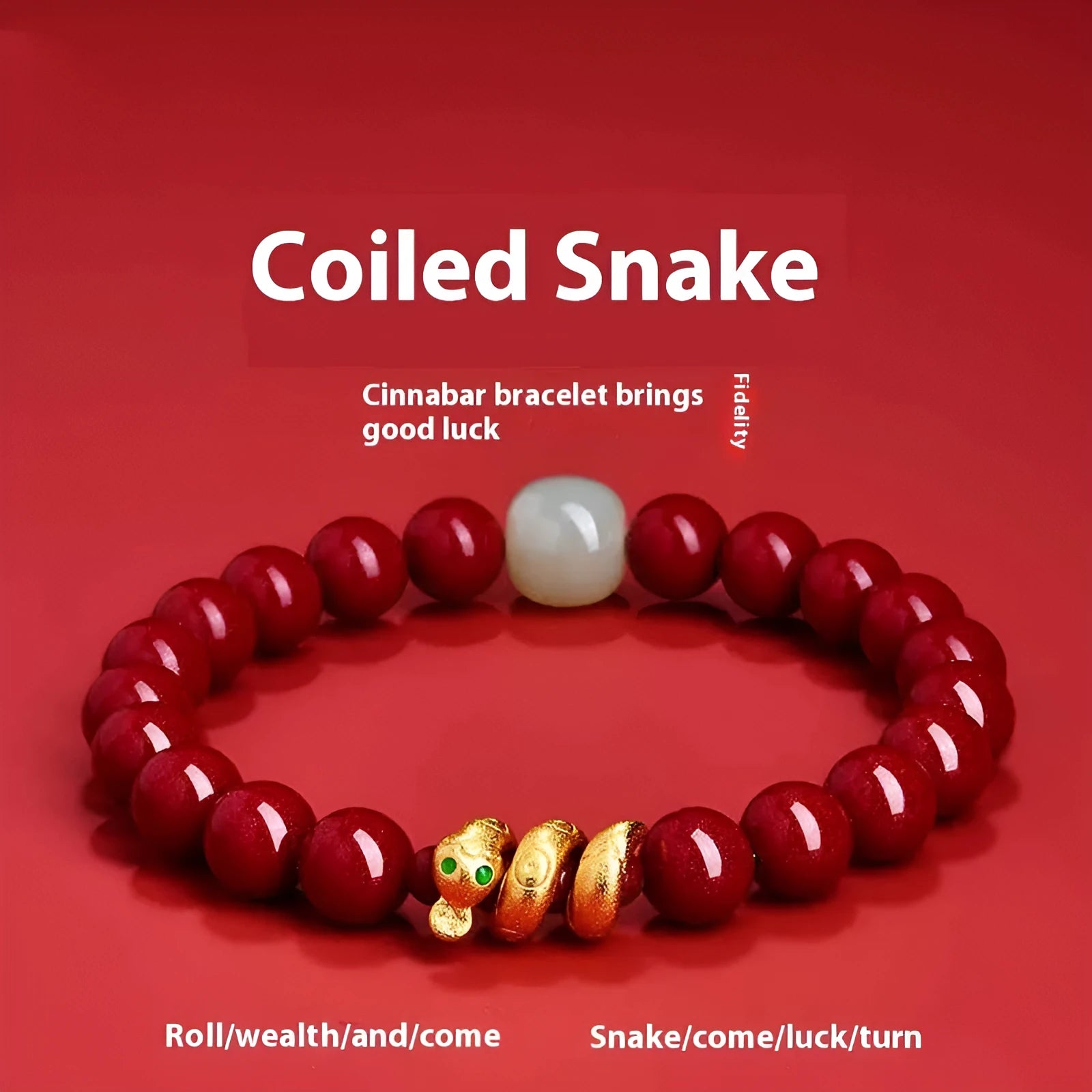 Handmade Chinese-style Cinnabar bracelet with Snake zodiac beads, shown in 6mm and 8mm size options.