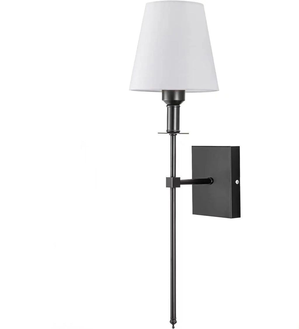 Indoor wall lamp with fabric shade in black finish for bedside or aisle lighting