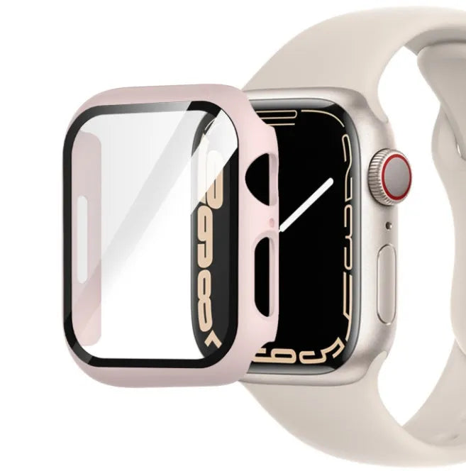 PC tempered film smartwatch case in various colours and sizes on a table