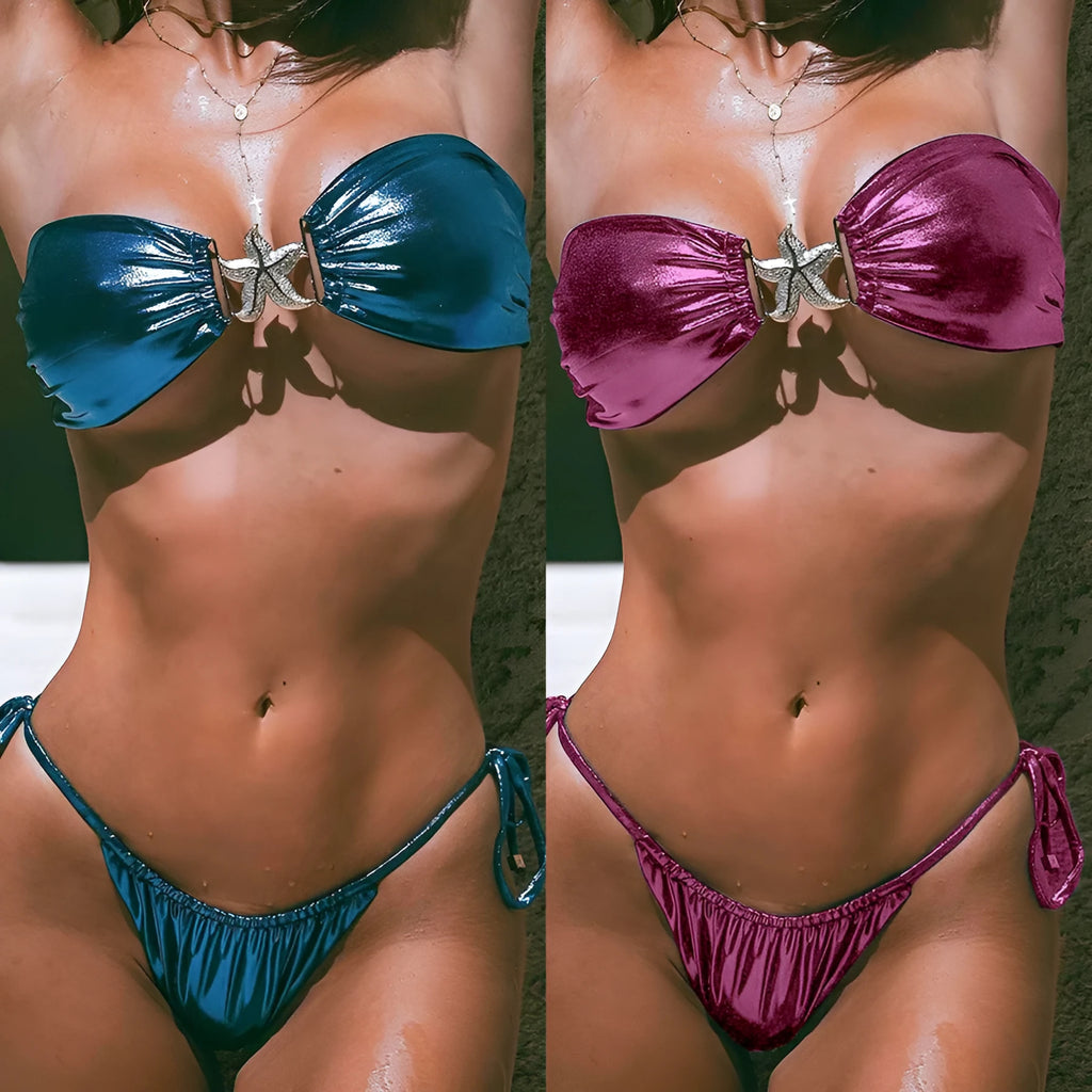 Women's glossy tube top bikini set in sapphire blue with gold starfish detailing