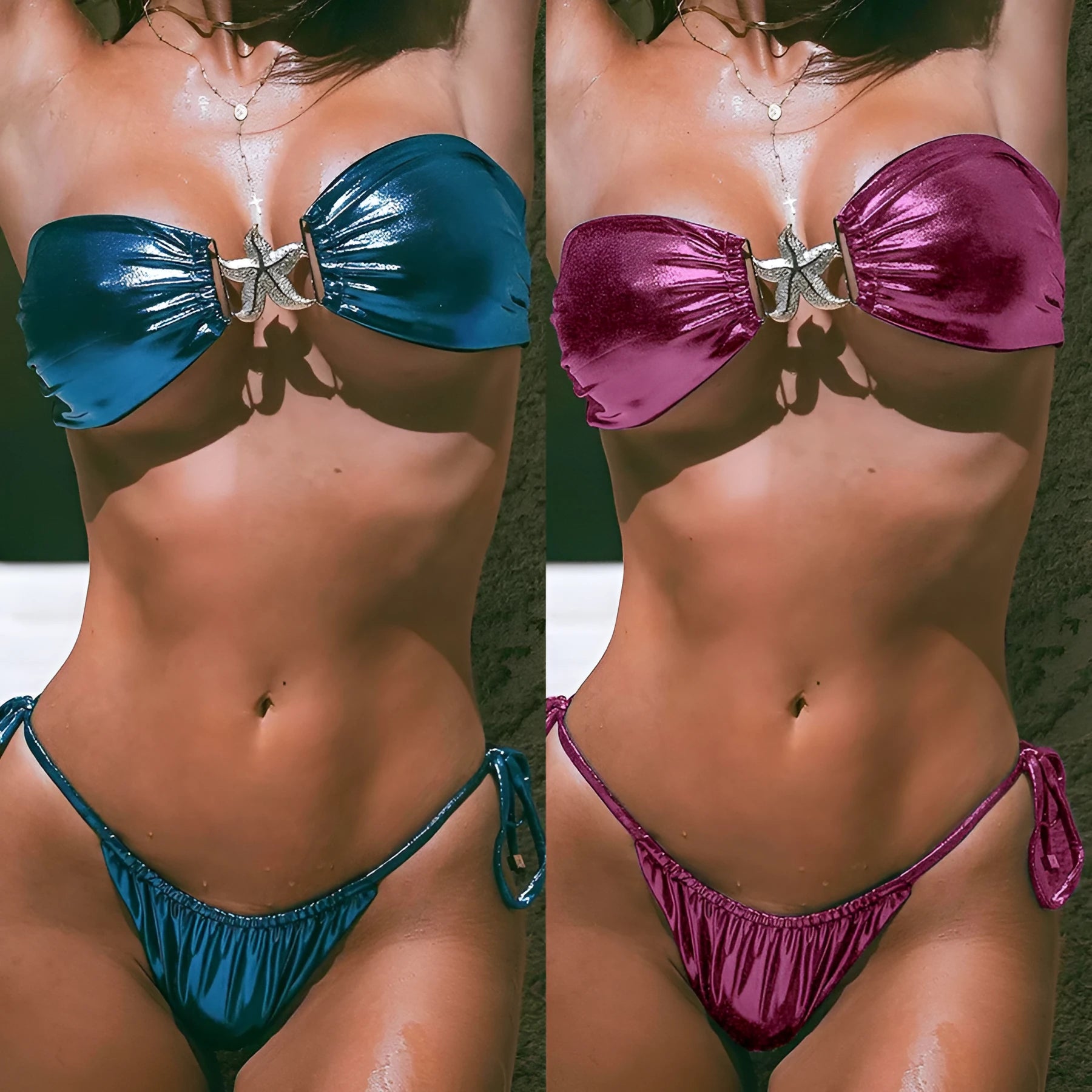 Women's glossy tube top bikini set in sapphire blue with gold starfish detailing