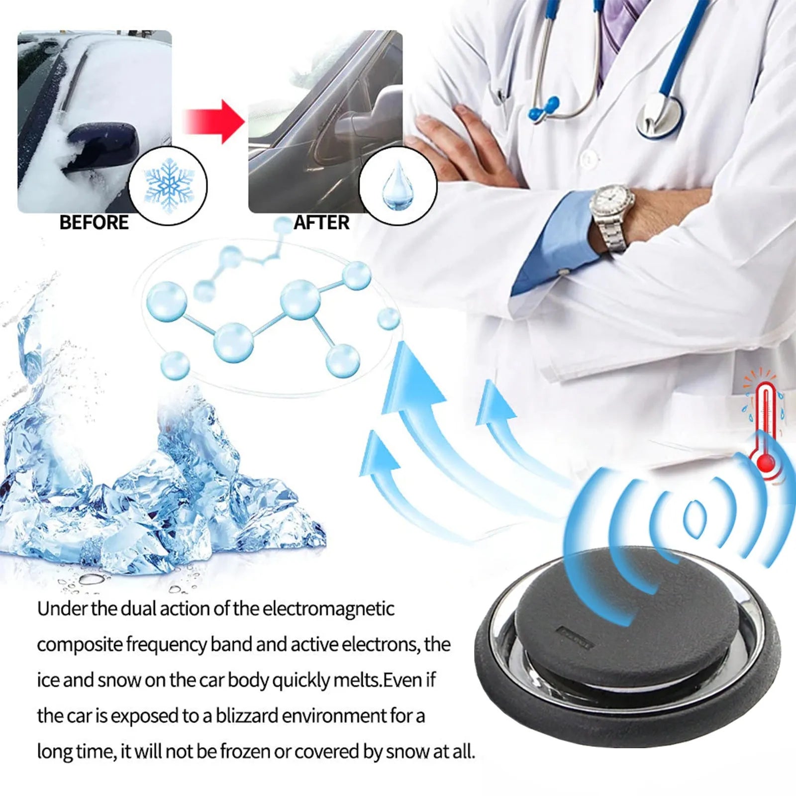 Black portable car deicing instrument measuring 7.4x7.4x1.6cm for melting snow and ice on vehicle windscreens