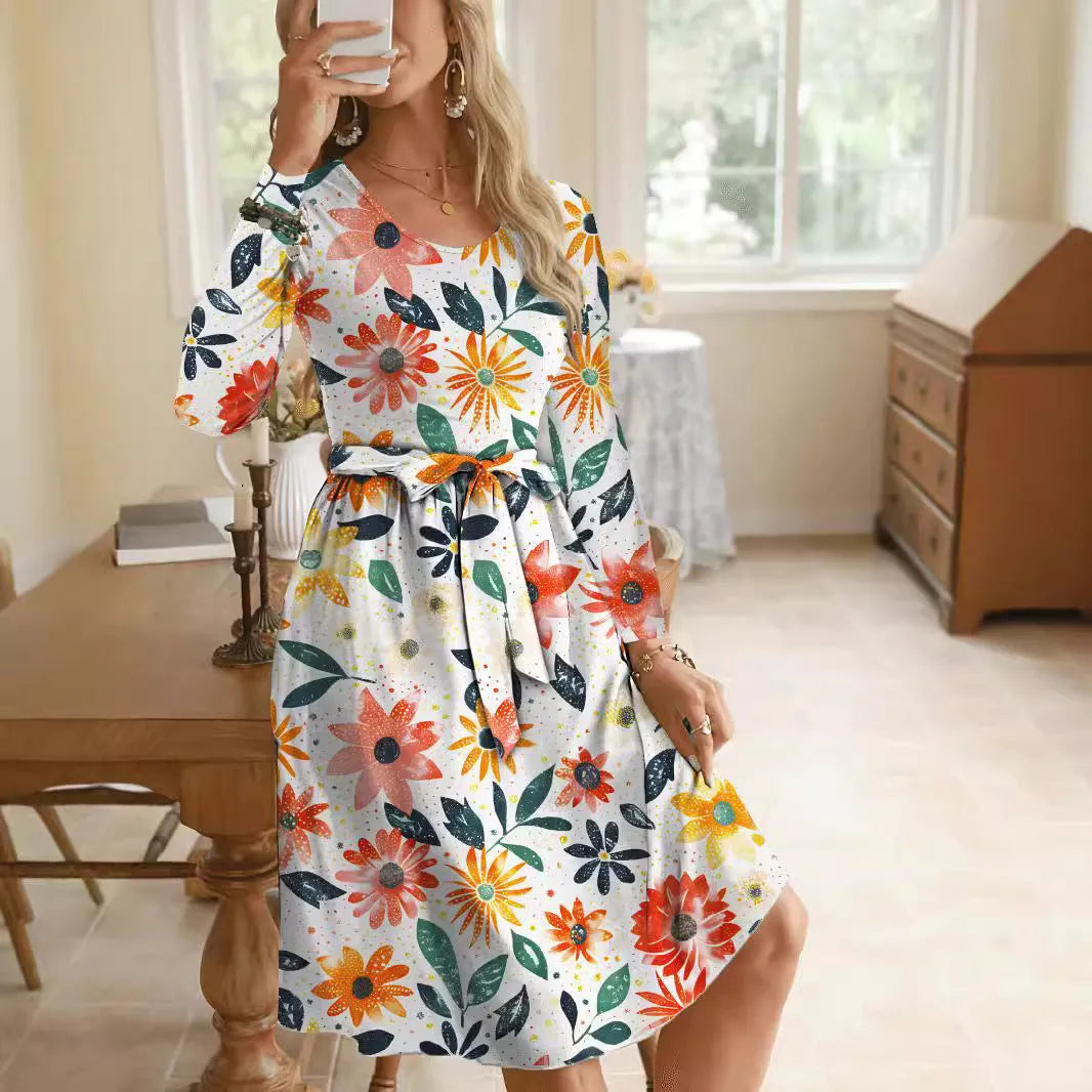 Round neck long sleeve mid-waist printed polyester dress for women, pullover style, available in multiple sizes