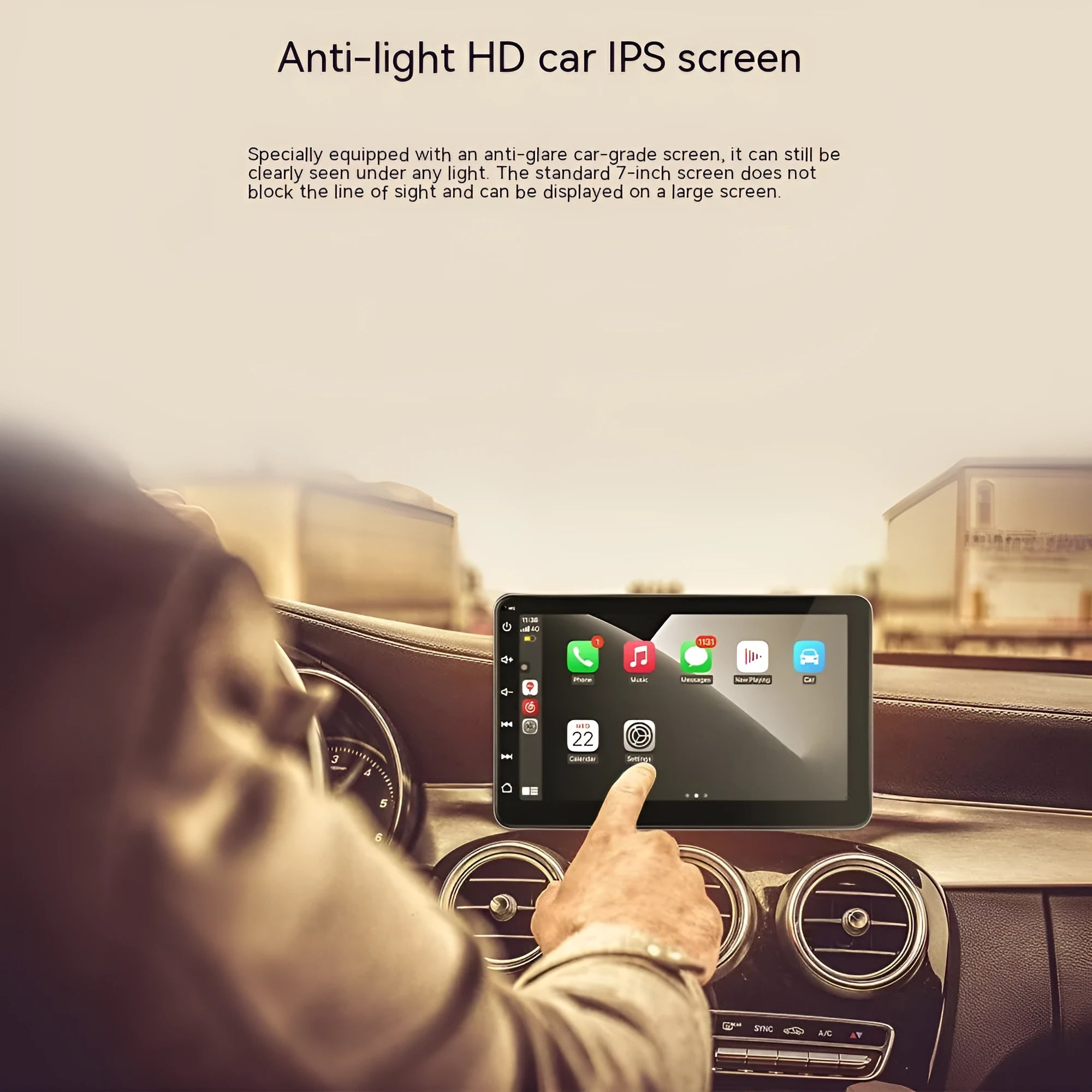 7 inch wireless CarPlay car GPS navigator with reversing camera on a universal suction cup bracket.