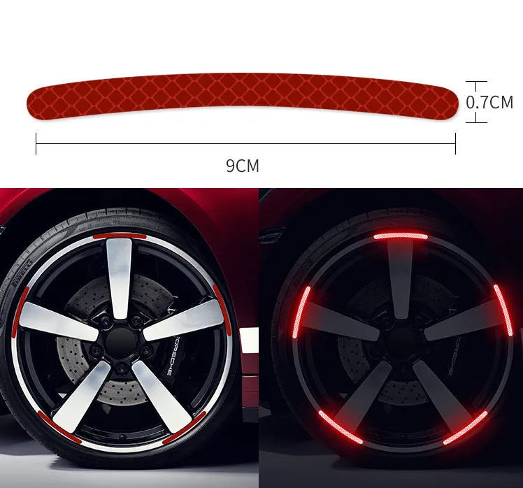 Pack of 20 arc-shaped reflective PVC stickers for car wheel hubs in various colour options