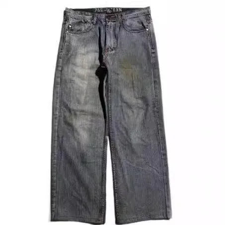 Men's grey washed-out wide-leg straight-cut jeans on a neutral background.
