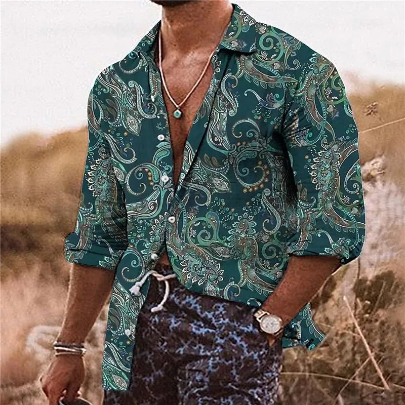 Men's loose fit long sleeve shirt with a 3D digital print flower pattern in a business casual style.