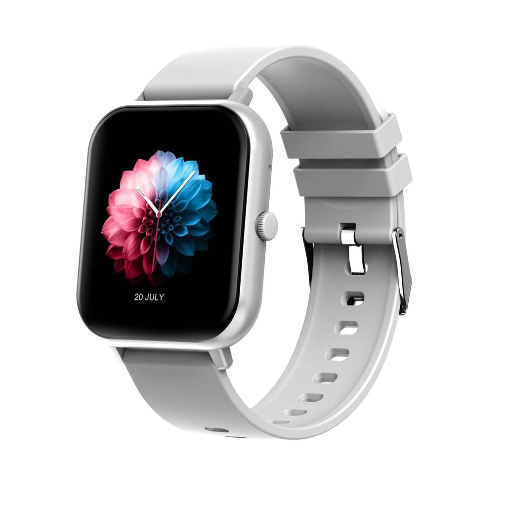 Bluetooth smart watch with AI voice control and heart rate monitor in black, silver grey, pink, or khaki colour.