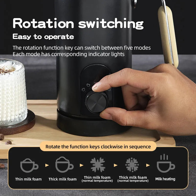 White knob-style milk frother with stainless steel body and 350ml capacity on countertop