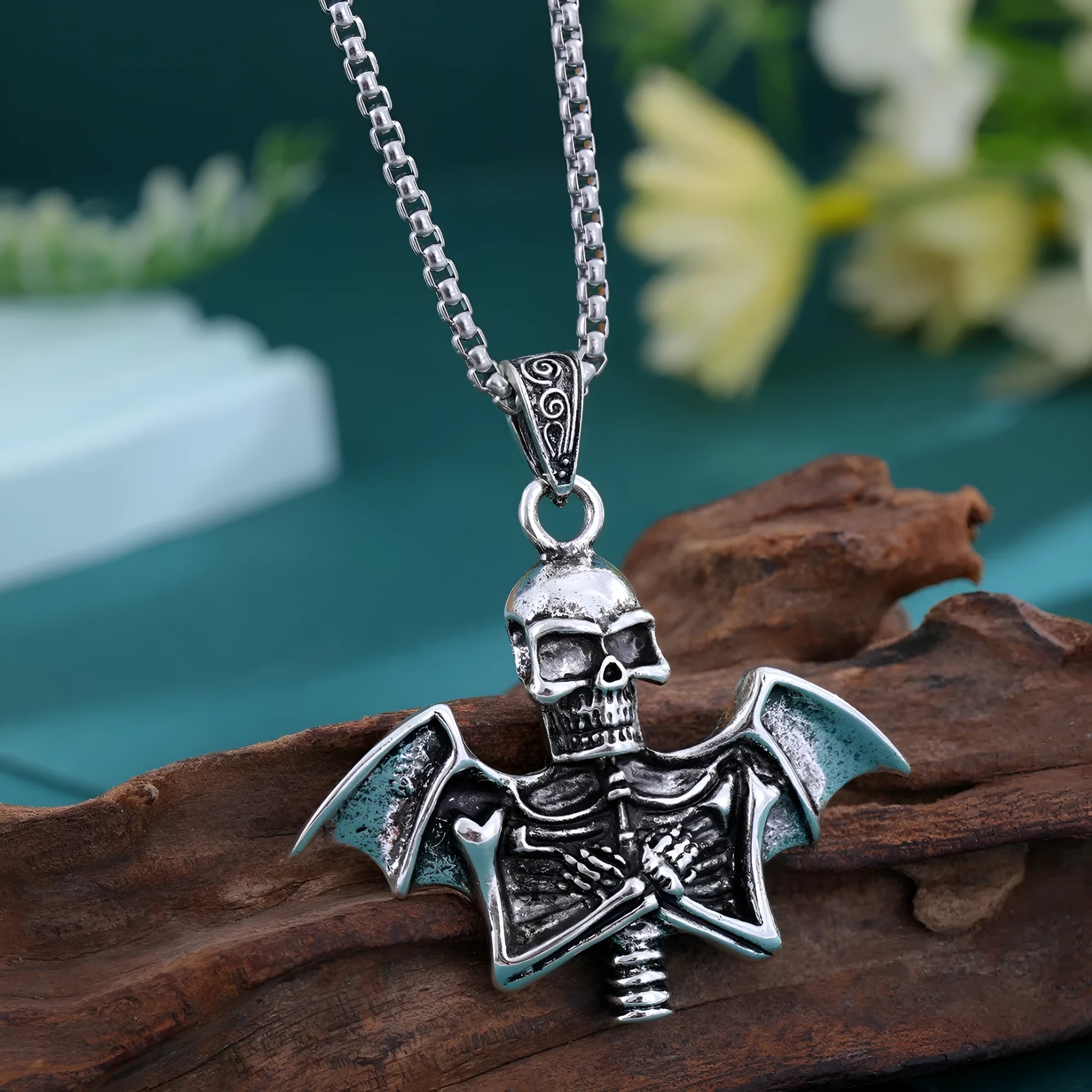 Men's metal alloy collarbone chain with angel skull pendant in gothic punk style
