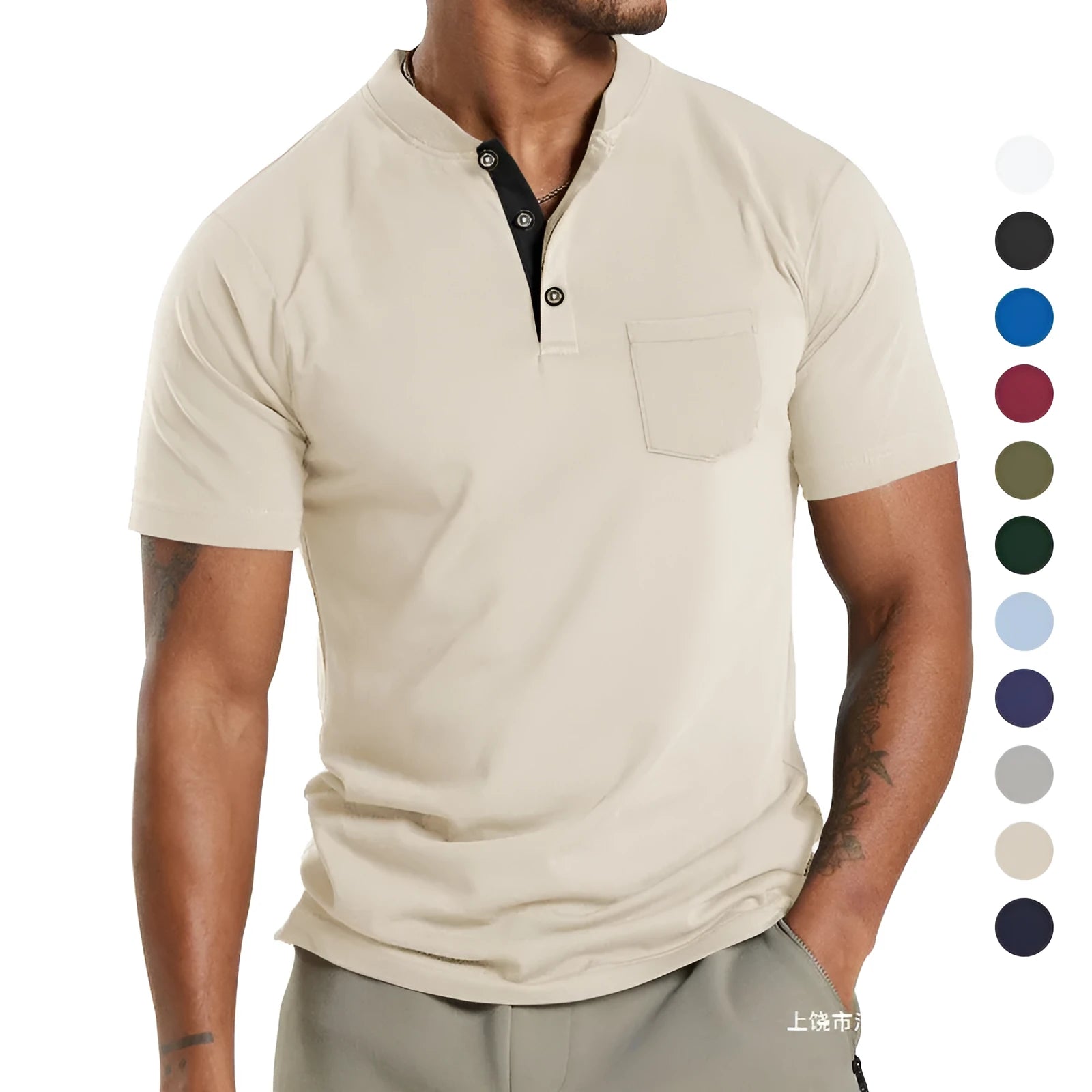 Men's solid colour short sleeve polyester shirt with a button pocket, shown in Army Green.
