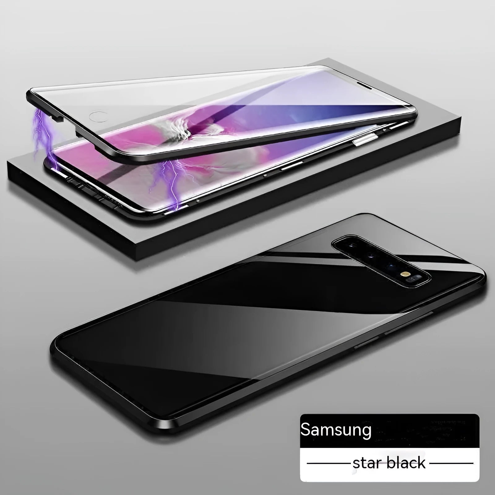 Double-sided glass magnetic metal frame phone case for Samsung, flip style, anti-fall and anti-fingerprint, black colour