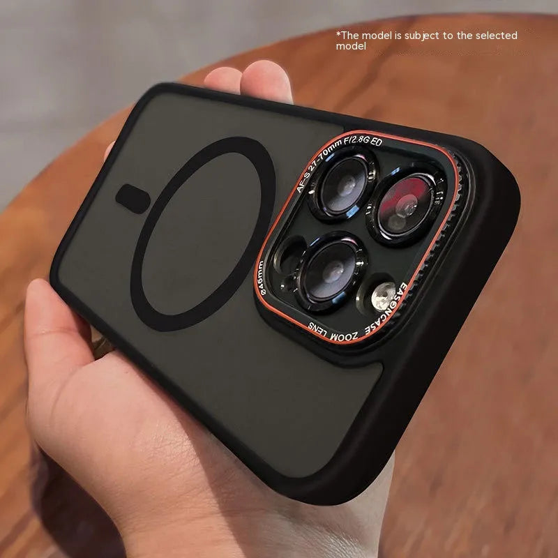 Frosted magnetic phone case for iPhone with black finish and wireless charging ring
