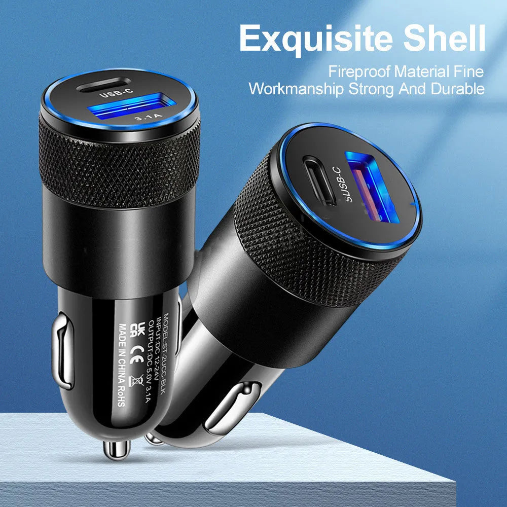Aluminium alloy mobile phone car charger in black or black silver finish showing 2.5cm x 6cm dimensions