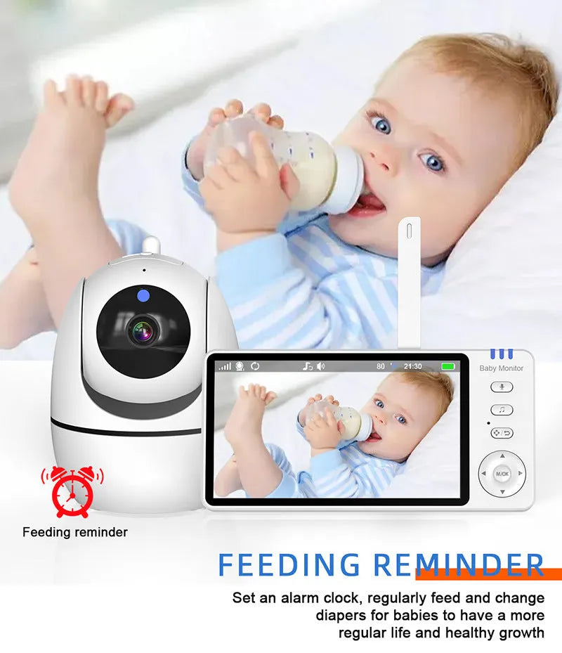 White wireless baby monitor with 5-inch screen showing baby room video