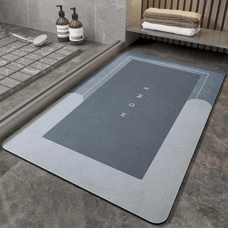 Bathroom floor mat in blue colour, oval shape, showing machine-woven blended texture