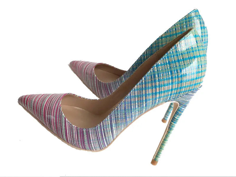 Pink blue gradient patent leather pointed toe high heels with sheepskin insoles on rubber soles