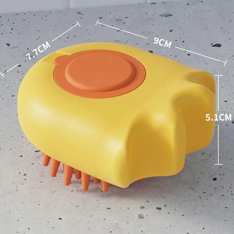 Pet bath brush with shampoo compartment in blue, orange and yellow colours for cat and dog grooming