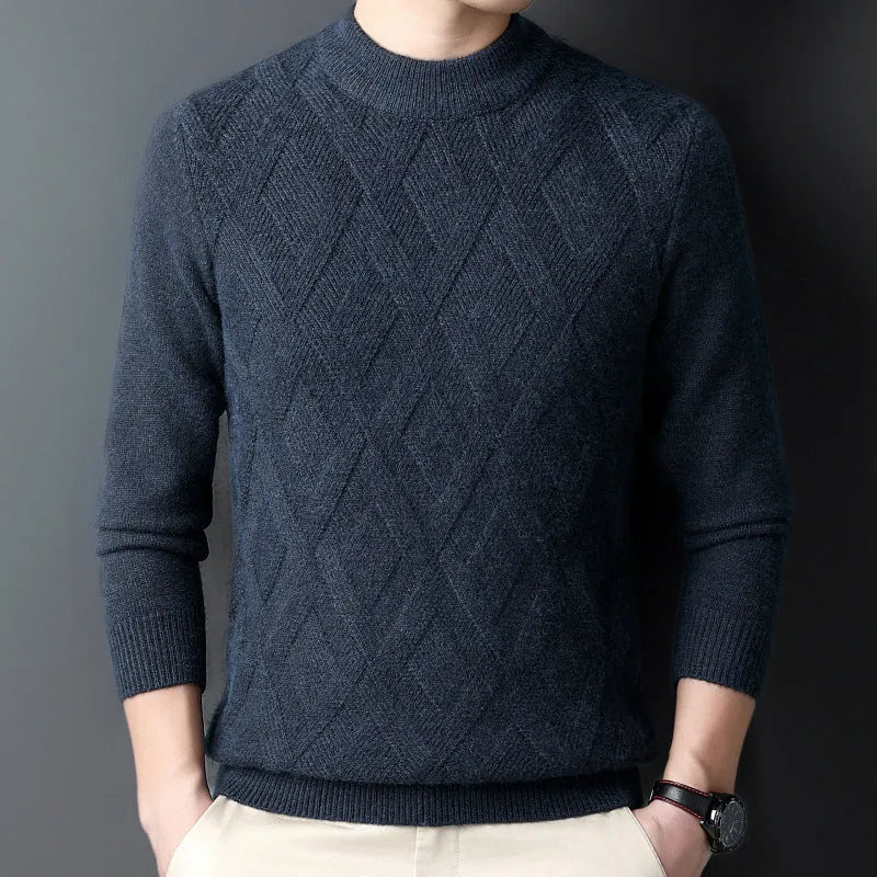 Men's diamond jacquard thermal pullover sweater in multiple colours showing textured pattern.