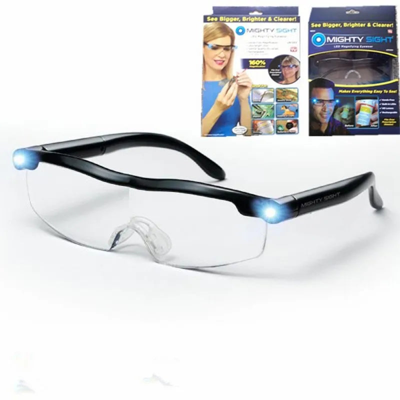 Transparent black USB LED reading glasses with illuminated frame on a desk