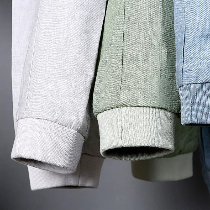 Men's lightweight cotton linen jacket in heather grey, shown on a hanger.