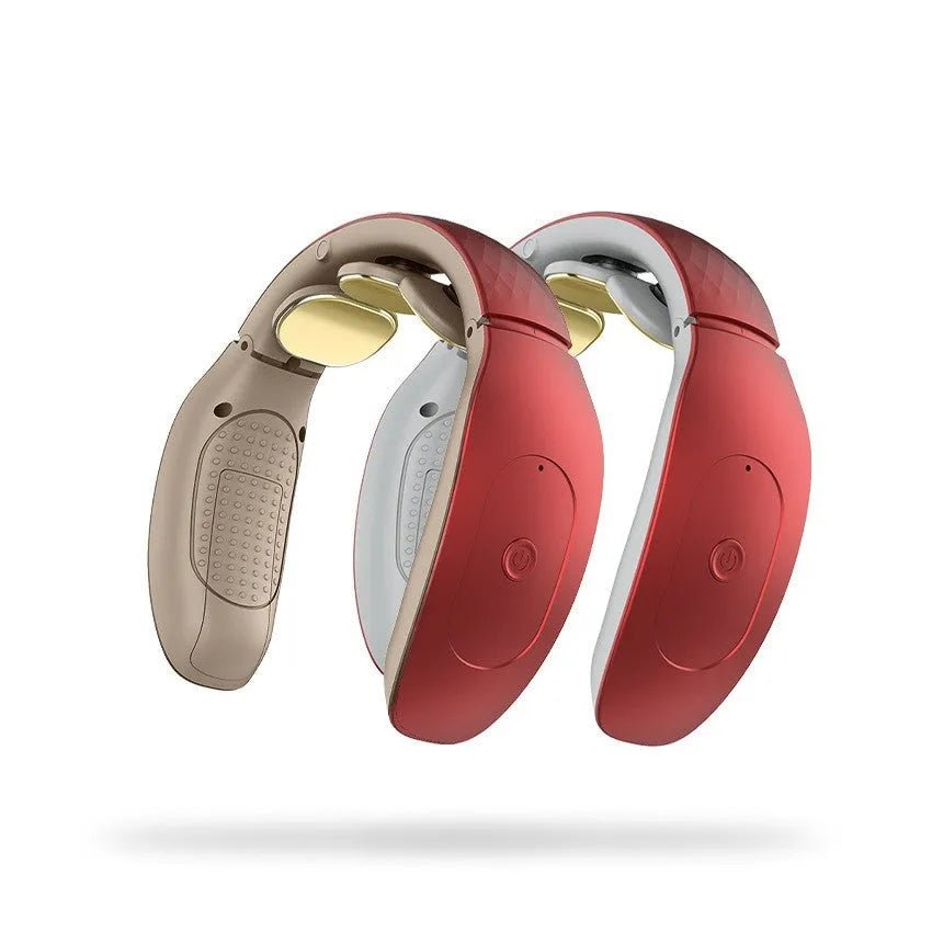 Red and white intelligent battery-powered cervical massager with computer controls for neck, back, and leg massage.